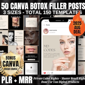 Botox & Filler Instagram Posts Story Canva Templates + MRR PLR Master Resell Rights Best Seller - Nurse Injector Medspa Templates