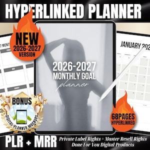 Pode incluir: Planejador digital com o texto "Hyperlinked Planner" e "2026-2027 Monthly Goal Planner". Inclui um bônus de mockups de planejadores digitais. O planejador tem 68 páginas e é hiperlinkado. O texto "PLR + MRR" também está presente.