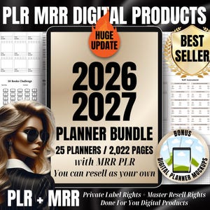 May include: Digital product bundle with the text "2026 2027 Planner Bundle" and "25 Planners / 2,022 Pages with MRR PLR". Includes a "Best Seller" badge and a "Bonus Digital Planner Mockups" badge. The image also features a woman with sunglasses.
