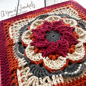 May include: A square crochet motif featuring a central dark gray circle surrounded by layered petals in magenta, cream, and orange. The design incorporates dark gray, orange, and magenta yarn in a geometric pattern with the text A Yarn of Serendipity.