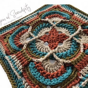May include: Close-up of a square, crocheted item with a detailed, geometric pattern. The color palette includes shades of teal, rust, beige, and olive green. The text "A Yarn of Serendipity" and the name "Pam Knighton-Haener" are visible.