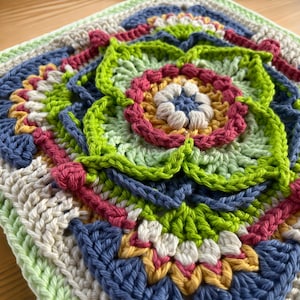 May include: A square, hand-crocheted item with a floral pattern. The piece has a central flower in white, blue, pink, and yellow, encircled by layers of green, blue, and cream-coloured crochet. The edges are finished with a light green border.