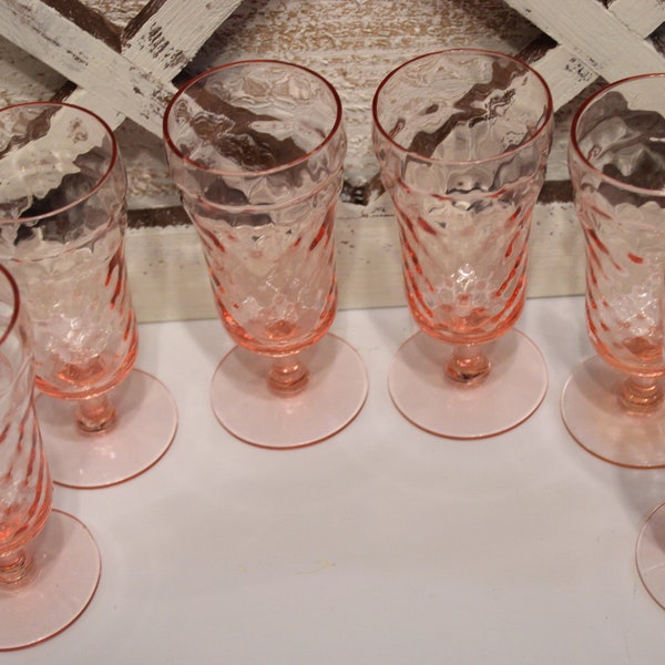 Vintage Pink Footed Stemmed Depression Glassware ~ Set of 6 ~ Cordial 5"Tall Drinking Glasses ~ Antique Collectible Sorbet Fruit Glass