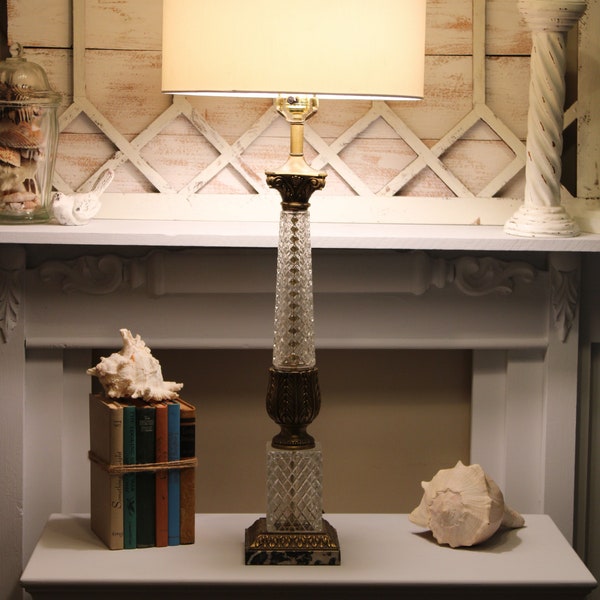 Vintage Mid-Century Hollywood Regency Style Lamp ~ Crystal Brass Neoclassical with Marble Base ~ 37" tall