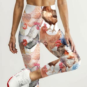 Charming Chicken Print High Waisted Yoga Leggings, Cute Animal Leggings, Fitness Pants, Gift for Yogis, Stylish Activewear