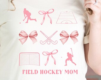 Custom field hockey coquette mom short sleeve t-shirt, field hockey mom shirt, field hockey mom fan, field hockey tee, field hockey gift tee