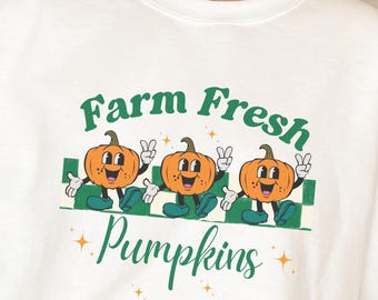 Farm Fresh Pumpkins Crewneck Sweatshirt | Cozy Fall Apparel, Pumpkin Patch, Autumn Fall Fun, Gift for Her, Fun Pumpkin Cartoon Sweatshirt
