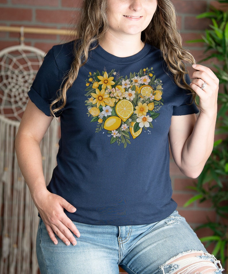 Lemon Citrus Floral Bouquet Short Sleeve Tee, Lemon Shirt for Mom ...