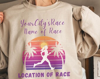 Custom Marathon Tropical Runner Crewneck Sweatshirt, Fun Run Apparel, Gift for Runners, Beach Vibes, Location Race Sweatshirt, Team Gift