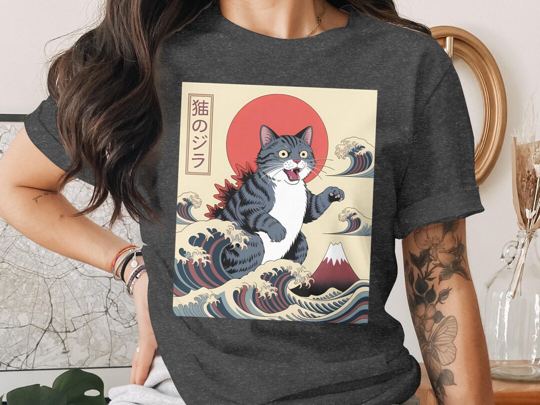 Japanese Cat Art Shirt, Catzilla T-shirt, the Great Wave off Kanagawa ...