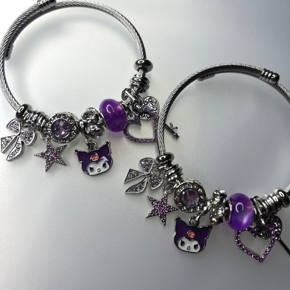 925 Sterling Silver Kuromi Charm Bracelet, Purple Diamante Y2K