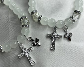 Handmade Y2K Glass Beaded Cross Bracelet | Chrome Charms