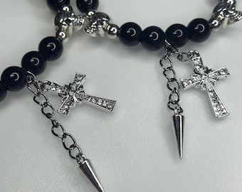 Lilith’s Wrath Gothic Inspired Black Emo Skull Saint Cross Bracelets || Handmade Glass Beaded Bracelets || Friendship Matching Sets Gifts