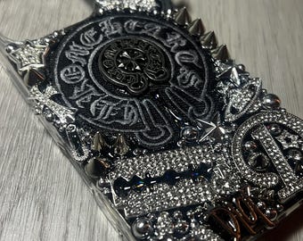 iPhone 16 Pro Chrome Crosses Y2K Black Emo Punk Bedazzle Charmed Junk Case Handmade, One Of A Kind