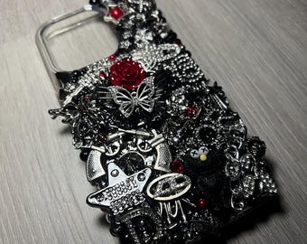 iPhone 15 Pro Chrome Red Y2K Black Emo Punk Bedazzle Charmed Junk Case Handmade, One Of A Kind