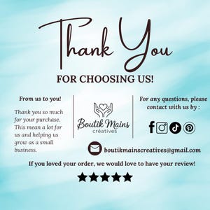 K&ouml;nnte beinhalten: Grafik mit den Worten "Thank You" und "For Choosing Us!" in einer Schriftart. Das Bild enth&auml;lt das Logo des Verk&auml;ufers, Social-Media-Symbole und Kontaktinformationen. Der Text dr&uuml;ckt Dankbarkeit f&uuml;r den Kauf des Kunden aus.