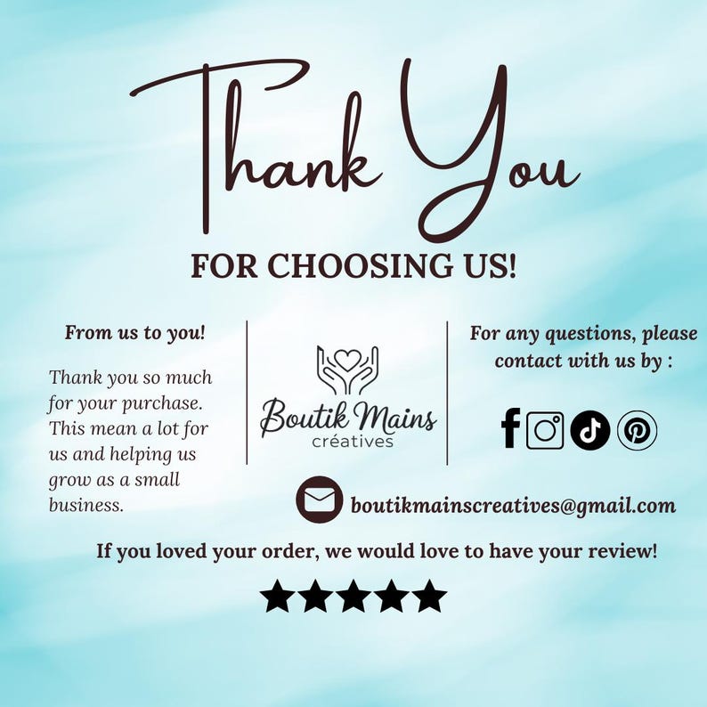 K&ouml;nnte beinhalten: Grafik mit den Worten "Thank You" und "For Choosing Us!" in einer Schriftart. Das Bild enth&auml;lt das Logo des Verk&auml;ufers, Social-Media-Symbole und Kontaktinformationen. Der Text dr&uuml;ckt Dankbarkeit f&uuml;r den Kauf des Kunden aus.