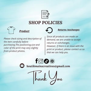 K&ouml;nnte beinhalten: Eine Grafik mit Shop-Richtlinien, einschlie&szlig;lich Produktdetails und R&uuml;ckgabeinformationen. Der Text lautet "Shop-Richtlinien", "Produkt" und "R&uuml;ckgabe / Umtausch". Social-Media-Icons und eine E-Mail-Adresse sind ebenfalls vorhanden. Das Bild endet mit "Vielen Dank".