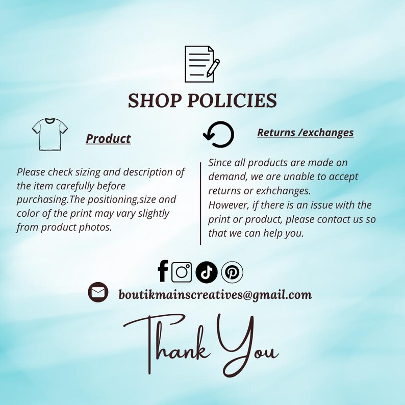 K&ouml;nnte beinhalten: Eine Grafik mit Shop-Richtlinien, einschlie&szlig;lich Produktdetails und R&uuml;ckgabeinformationen. Der Text lautet "Shop-Richtlinien", "Produkt" und "R&uuml;ckgabe / Umtausch". Social-Media-Icons und eine E-Mail-Adresse sind ebenfalls vorhanden. Das Bild endet mit "Vielen Dank".