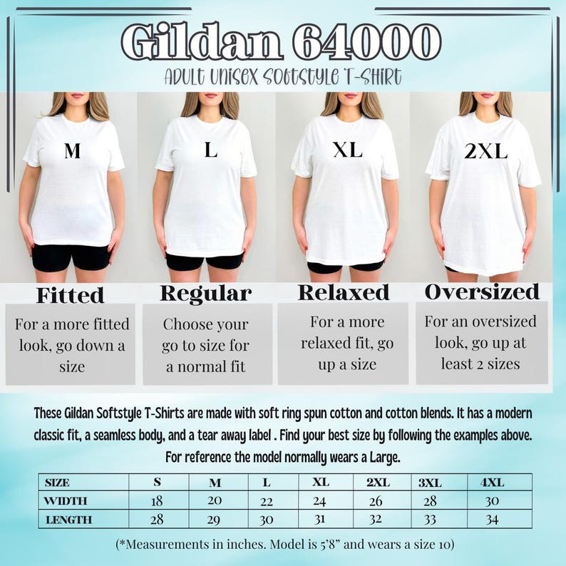 K&ouml;nnte beinhalten: Wei&szlig;e Gildan 64000 Unisex-T-Shirts f&uuml;r Erwachsene in den Gr&ouml;&szlig;en M, L, XL und 2XL werden gezeigt. Das Bild enth&auml;lt eine Gr&ouml;&szlig;entabelle mit Ma&szlig;en in Zoll f&uuml;r die Gr&ouml;&szlig;en S bis 4XL. Die Shirts bestehen aus weicher, ringgesponnener Baumwolle und Baumwollmischungen.