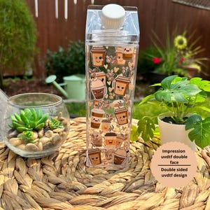 Bouteille style carton lait avec design de café,Accessoires de voyage, bouteille amusante, Gobelet en plastique à motif de vache