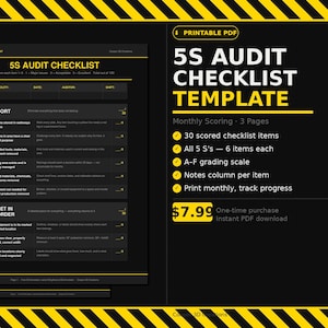 Puede incluir: Una plantilla de lista de verificación de auditoría 5S en negro y amarillo en formato PDF. La lista de verificación incluye secciones para ordenar, poner en orden, etc. La plantilla está diseñada para la puntuación mensual e incluye 30 elementos de lista de verificación puntuados.