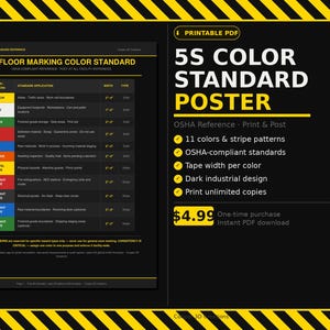 May include: A black and yellow 5S Color Standard poster with a table detailing colour codes for facility markings. The poster includes the text "5S COLOR STANDARD POSTER" and "OSHA Reference". It is a printable PDF.