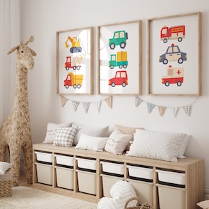 Conjunto de 3 pôsteres de veículos, caminhões de construção, veículos de transporte, impressões de emergência, impressões de quarto infantil, download digital, pôster de berçário para meninos
