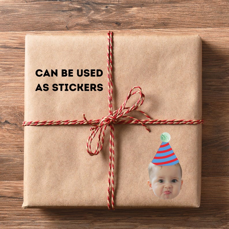 May include: A wrapped package in brown paper tied with red and cream twine. The text "CAN BE USED AS STICKERS" is printed on the package. A sticker of a baby wearing a party hat is on the package.