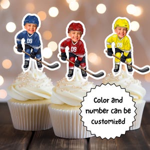 Bomboniera per feste di hockey a tema sportivo, topper personalizzato per viso, torta personalizzata, decorazione di compleanno, design per cupcake