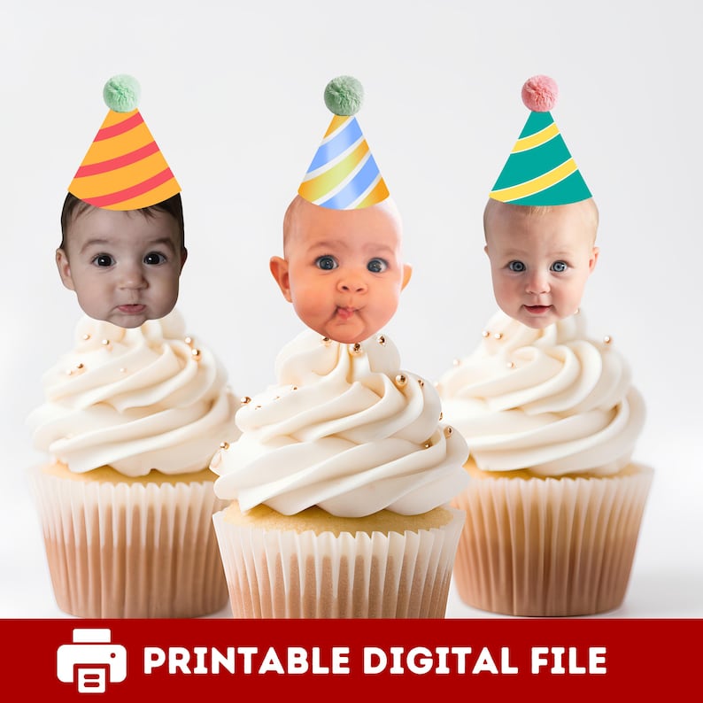 May include: Three cupcakes with white frosting, each topped with a baby's face wearing a party hat. The hats are yellow and orange, blue and yellow, and green and yellow. Gold sprinkles dot the frosting. The image includes the text "PRINTABLE DIGITAL FILE".