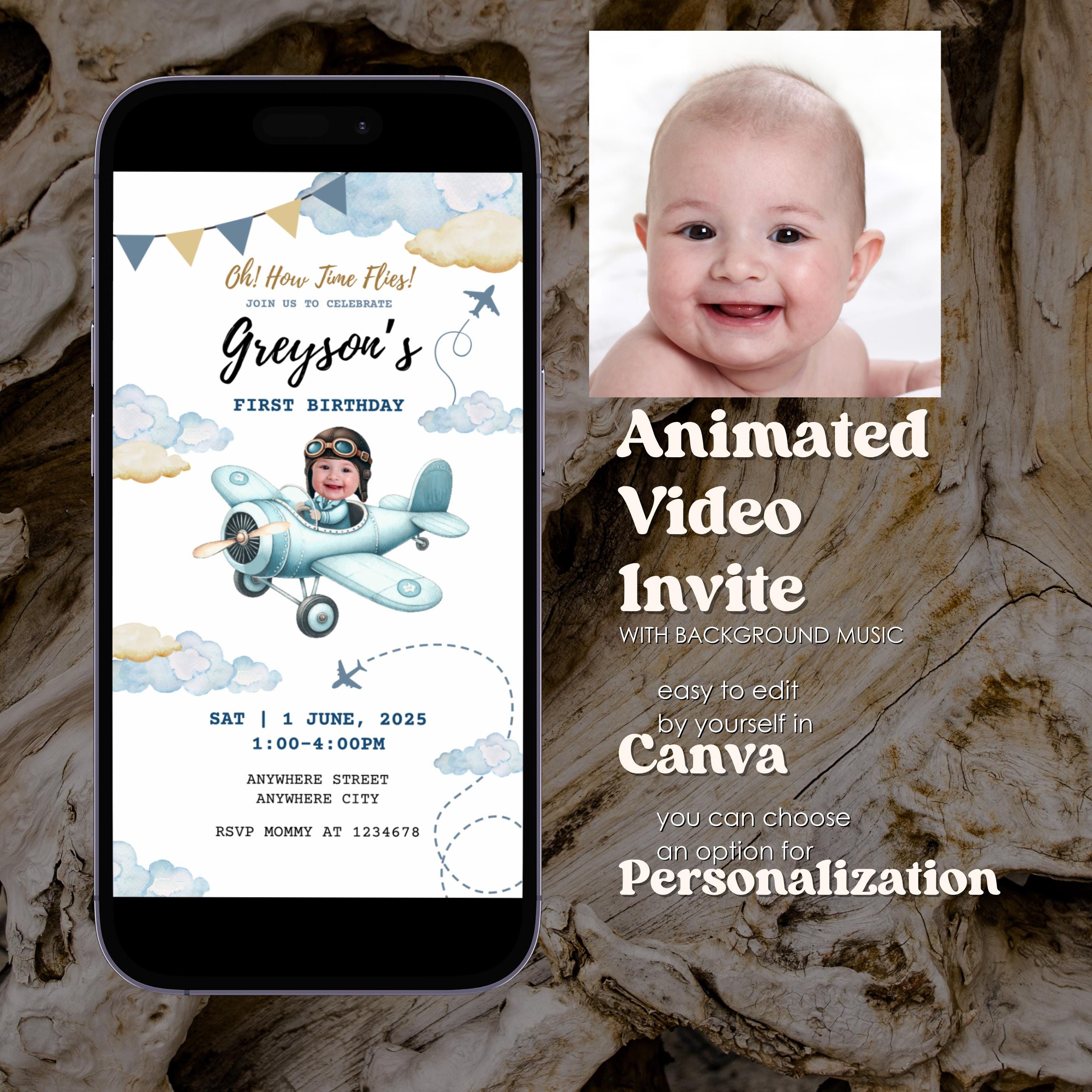 Vintage Airplane 1st Birthday Animated Invitation: Editable Canva Template