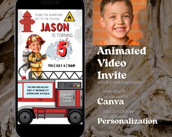 Firetruck Birthday Animated Video Invitation: Editable Canva Evite (Digital Download)