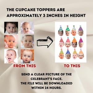 May include: The image shows a transformation of baby photos into cupcake toppers. The text states the toppers are approximately 3 inches in height. The image includes the text "FROM THIS" and "TO THIS", with instructions to send a clear picture of the celebrant's face.