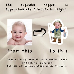 May include: A personalized cupcake topper featuring a baby dressed as a fisherman holding a fishing rod and a fish. The topper is approximately 3 inches tall.