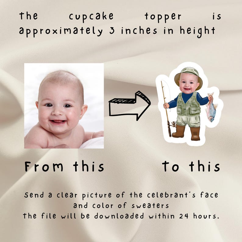 May include: A personalized cupcake topper featuring a baby dressed as a fisherman holding a fishing rod and a fish. The topper is approximately 3 inches tall.