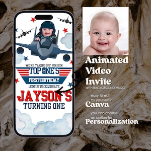 Invitación de cumpleaños con foto, plantilla de invitación editable gratuita de Canva, primer primer cumpleaños, tema de avión de combate para niños