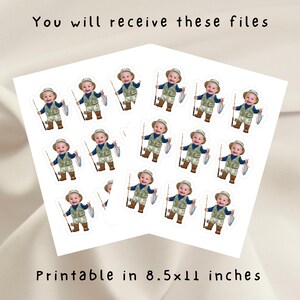 May include: Printable sheet of 16 stickers featuring a young boy dressed in fishing gear holding a fishing rod and a fish. The stickers are designed to be printed on 8.5x11 inch paper.