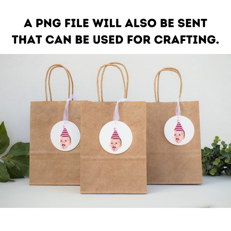 May include: Three brown paper gift bags with handles, each adorned with a white circular tag featuring a baby's face wearing a party hat. The text "A PNG FILE WILL ALSO BE SENT THAT CAN BE USED FOR CRAFTING" is at the top.