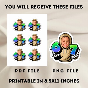 K&ouml;nnte beinhalten: Druckbare Aufkleber mit einem Jungen in einem beigefarbenen Kapuzenpullover, der die Zahlen 6 und 7 in einem blau-gr&uuml;nen Farbverlauf h&auml;lt. Der Text "YOU WILL RECEIVE THESE FILES", "PDF FILE", "PNG FILE" und "DRUCKBAR IN 21,59X27,94 CM" ist ebenfalls sichtbar.