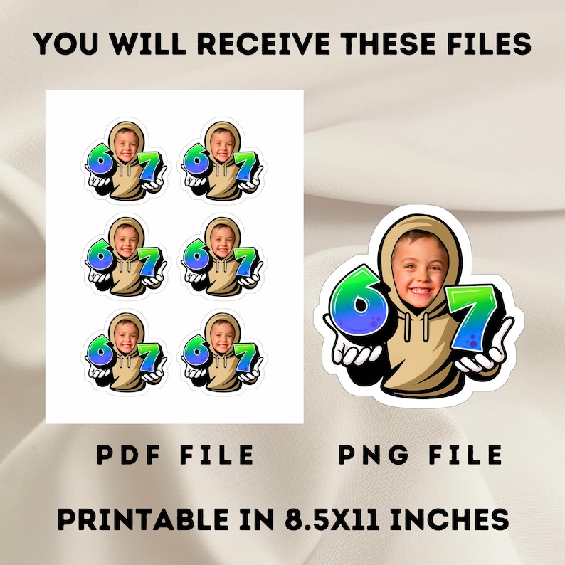 K&ouml;nnte beinhalten: Druckbare Aufkleber mit einem Jungen in einem beigefarbenen Kapuzenpullover, der die Zahlen 6 und 7 in einem blau-gr&uuml;nen Farbverlauf h&auml;lt. Der Text "YOU WILL RECEIVE THESE FILES", "PDF FILE", "PNG FILE" und "DRUCKBAR IN 21,59X27,94 CM" ist ebenfalls sichtbar.