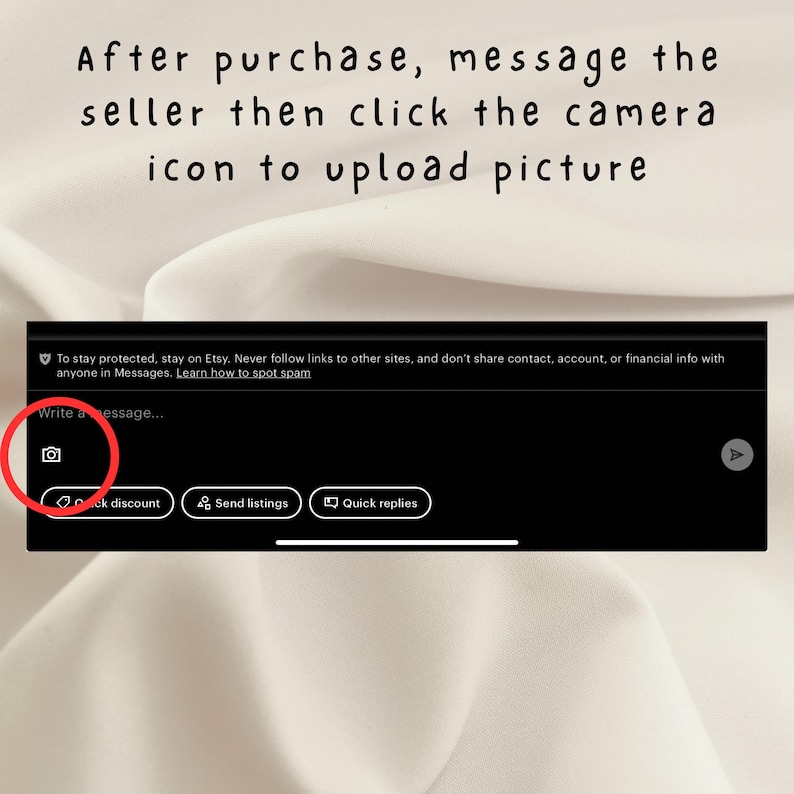 May include: A black screen with a white text box that says "Write a message..." and a camera icon. Below the text box are three buttons that say "Offer discount", "Send listings", and "Quick replies".
