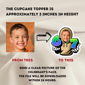 K&ouml;nnte beinhalten: Ein Cupcake-Topper mit dem Gesicht eines Kindes in einem Kapuzenpullover, das die Zahlen 6 und 7 h&auml;lt. Der Topper ist etwa 7,6 cm hoch. Das Bild zeigt die Transformation von einem Foto zum Topper. Text: "Senden Sie ein klares Bild vom Gesicht des Geburtstagskindes."