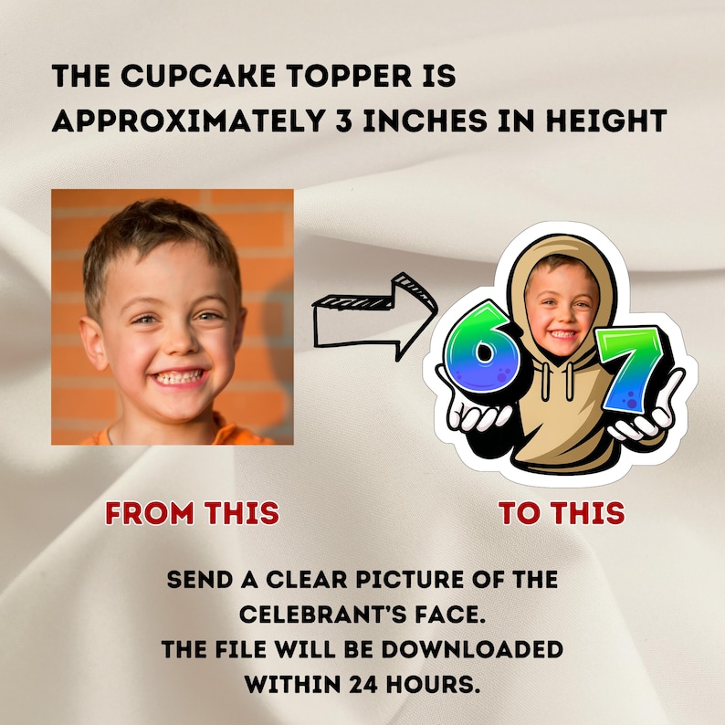 K&ouml;nnte beinhalten: Ein Cupcake-Topper mit dem Gesicht eines Kindes in einem Kapuzenpullover, das die Zahlen 6 und 7 h&auml;lt. Der Topper ist etwa 7,6 cm hoch. Das Bild zeigt die Transformation von einem Foto zum Topper. Text: "Senden Sie ein klares Bild vom Gesicht des Geburtstagskindes."