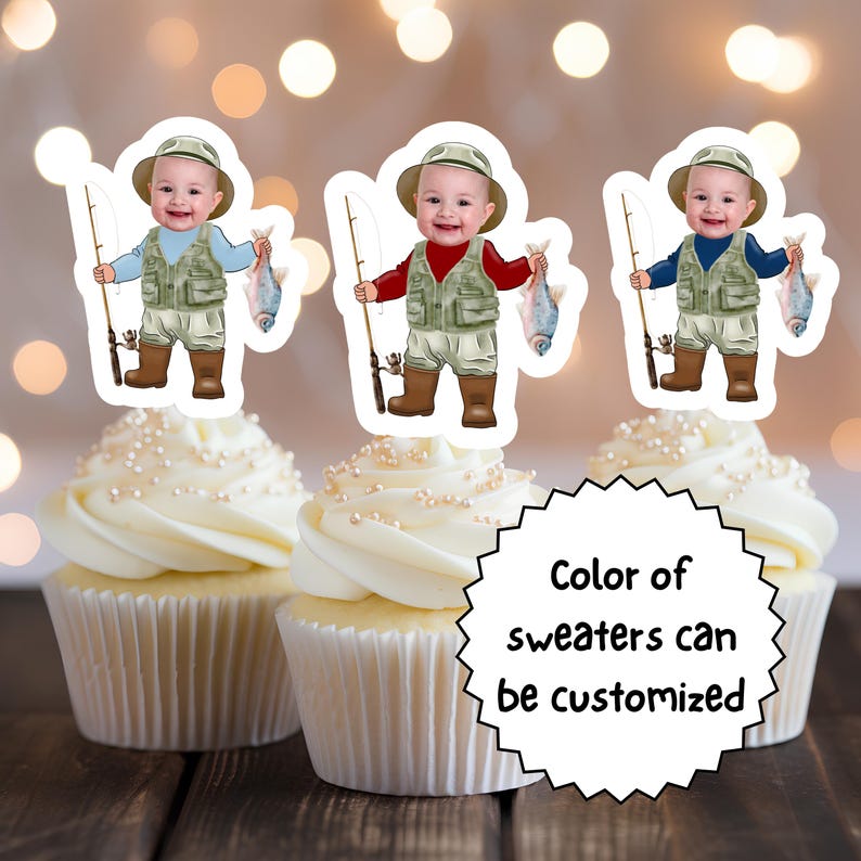 May include: Three cupcake toppers featuring a cartoon illustration of a baby boy dressed in a fishing vest and holding a fishing rod and a fish. The baby is wearing a hat and has a different colored sweater on each topper: blue, red, and green. The text "Color of sweaters can be customized" is visible below the toppers.
