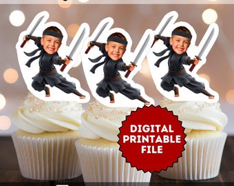 May include: Three cupcakes topped with ninja-themed decorations. Each ninja figure is a cartoon with a child's face, dressed in black ninja attire, and holding a sword. The image includes the text "Digital Printable File" and "Printable digital file".