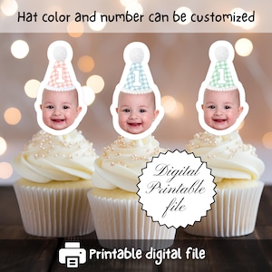 Custom Face Cupcake Toppers: Gingham Birthday Party Hats (Digital Download, PDF File