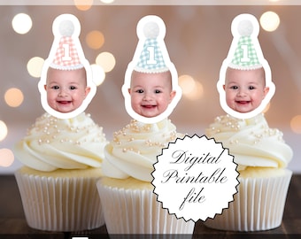 Custom Face Cupcake Toppers: Gingham Birthday Party Hats (Digital Download, PDF File