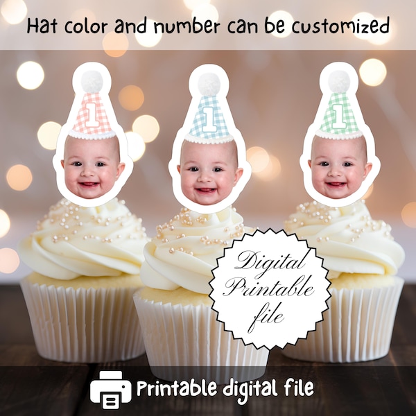 Custom Face Cupcake Toppers: Gingham Birthday Party Hats (Digital Download, PDF File