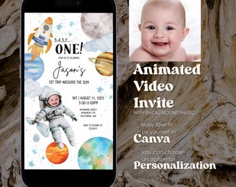 May include: A blue and white animated video invitation for a first birthday party with a space theme. The invitation features a rocket, planets, stars, and a photo of a baby dressed as an astronaut. The text on the invitation reads "5,4,3,2... ONE! Join us to celebrate Jason's 1st trip around the sun. Sat | August 11, 2025 3:00-5:00PM Anywhere Street Anywhere City California, USA RSVP to Mommy at 1255677".